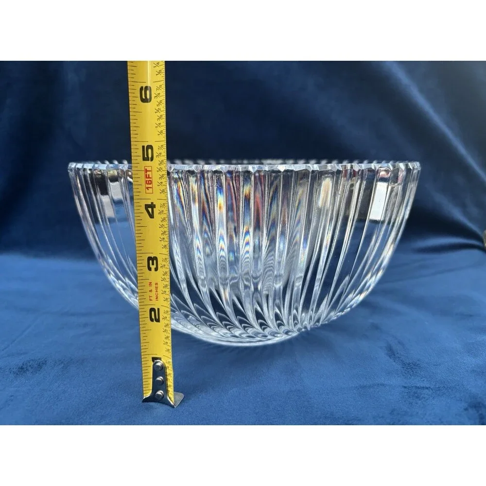 Vintage Clear Ribbed Swirl Glass Serving Bowl Heavy Crystal Style Centerpiece 9”